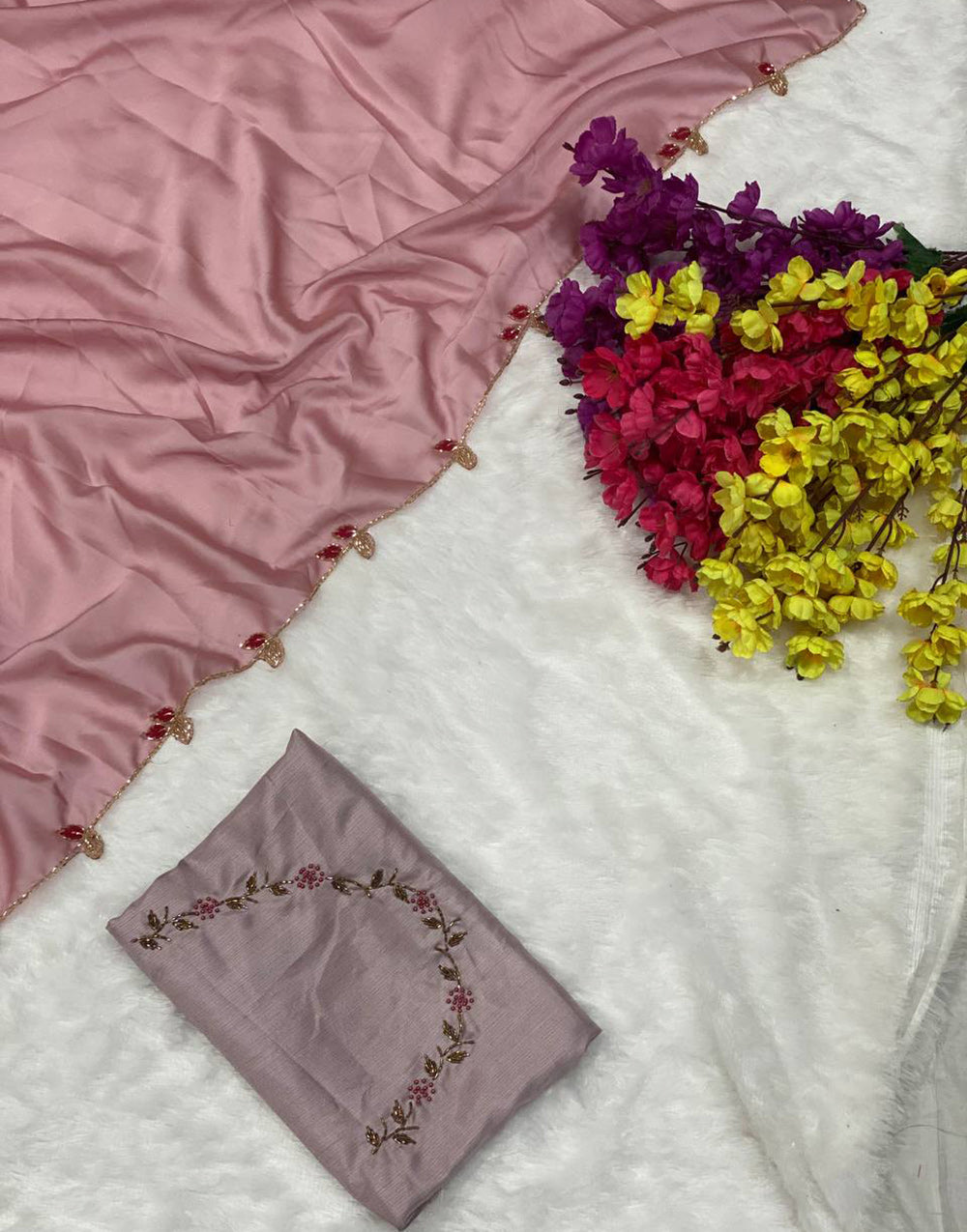 Peach Heavy Rangoli Silk Saree With Hand Work & Cut Work