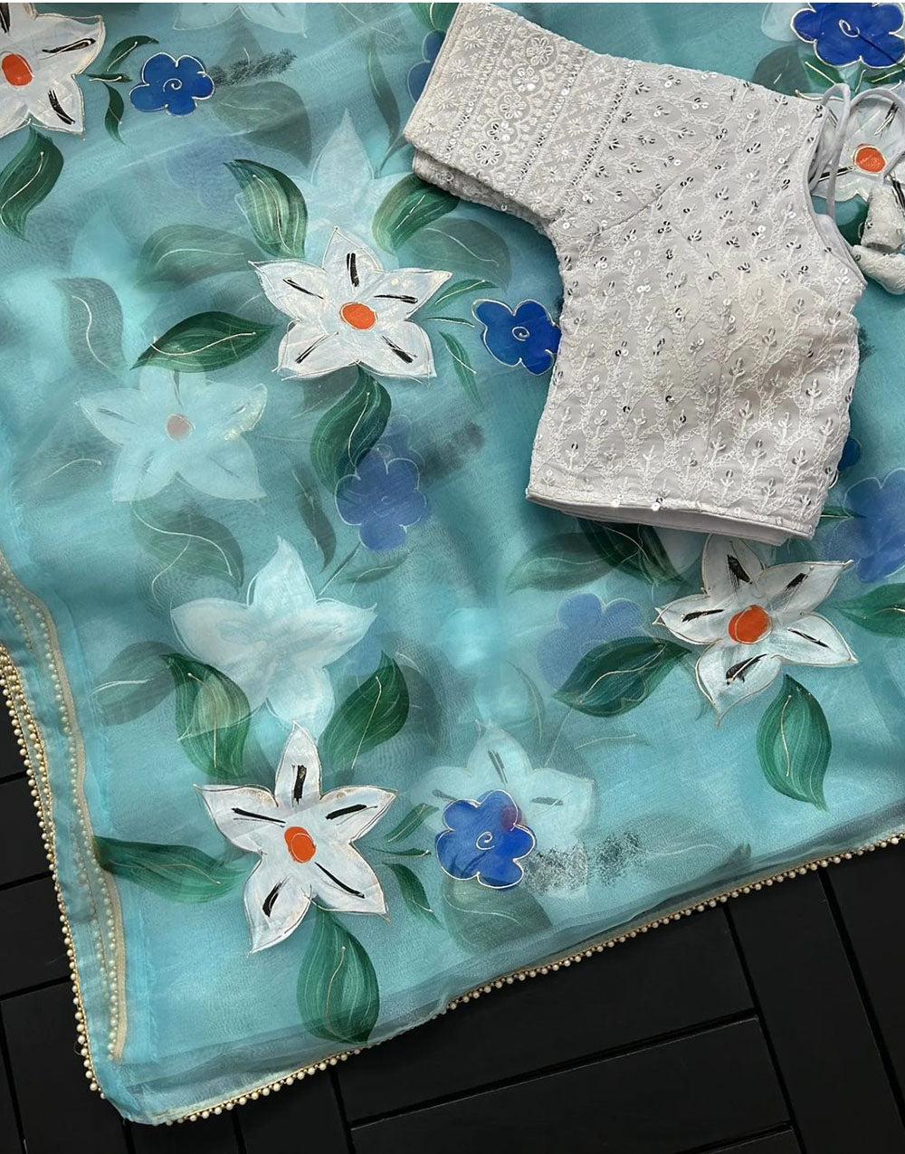 Sky Blue Organza Saree With Hand Printed Work