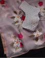 Light Pink Organza Saree With Hand Printed Work