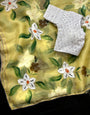 Yellow Organza Saree With Hand Printed Work