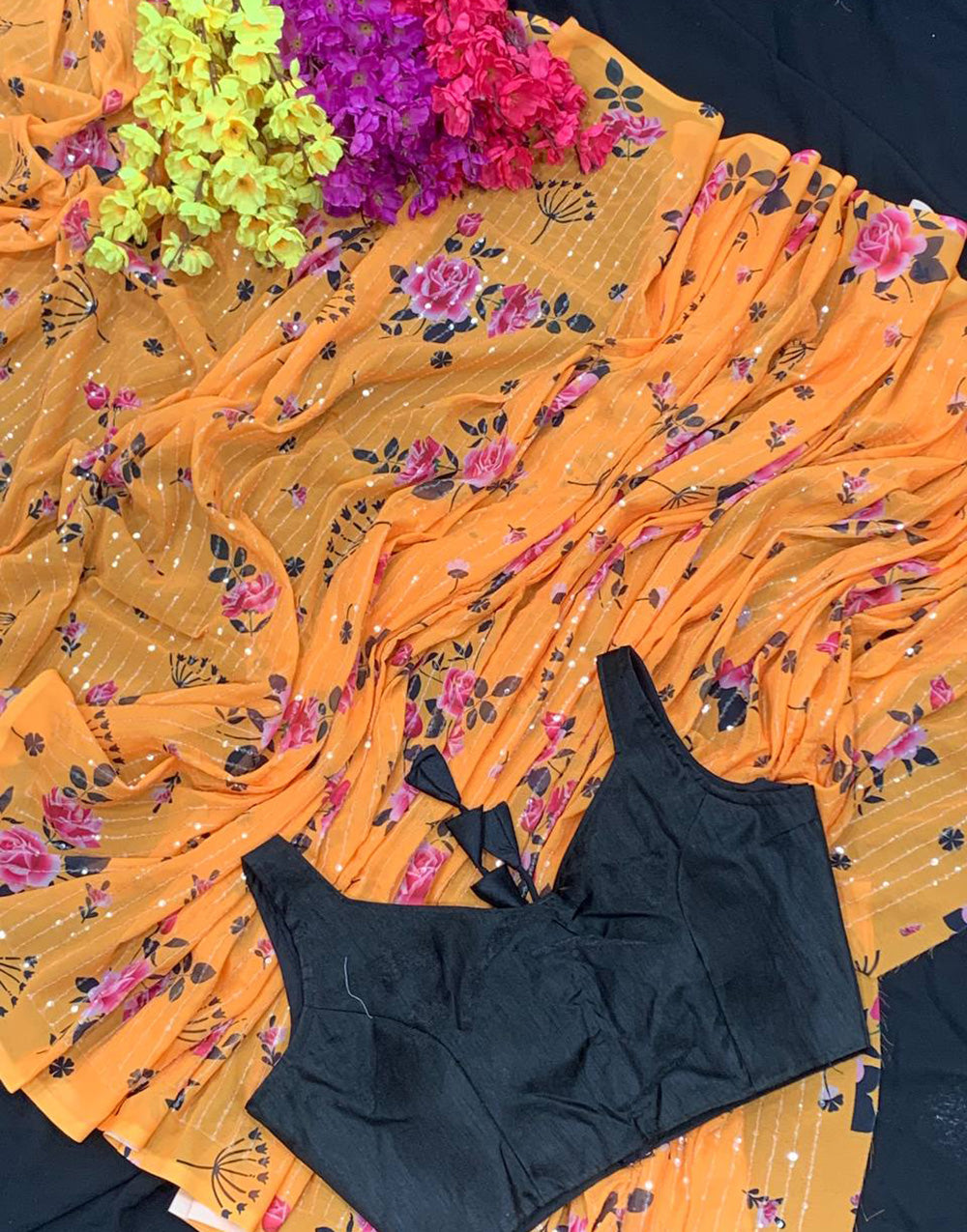 Yellow Georgette Saree With Digital Printed