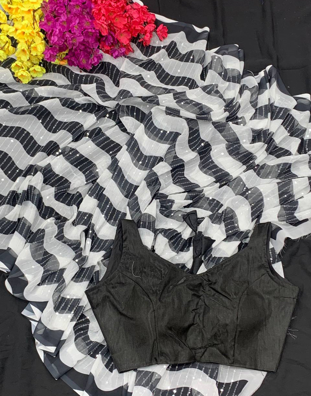 White & Black Georgette Saree With Digital Printed