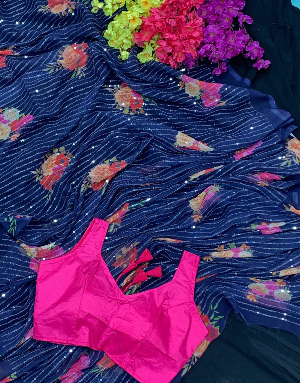 Nevy Blue Georgette Saree With Digital Printed Work