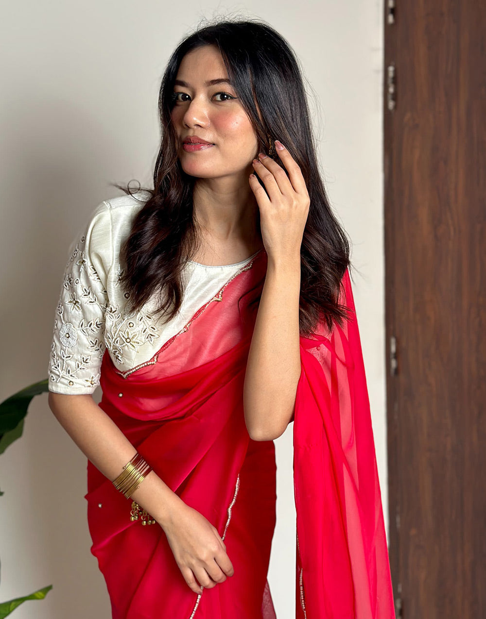 Dark Red Soft Organza Saree With Hand Work On Blouse