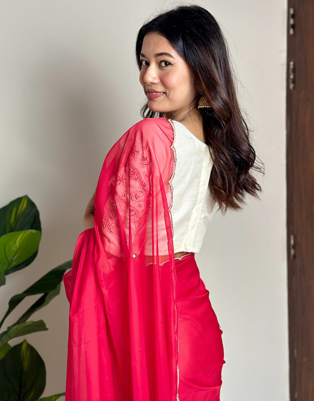 Dark Red Soft Organza Saree With Hand Work On Blouse