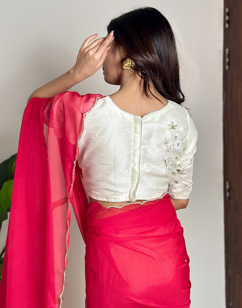 Dark Red Soft Organza Saree With Hand Work On Blouse