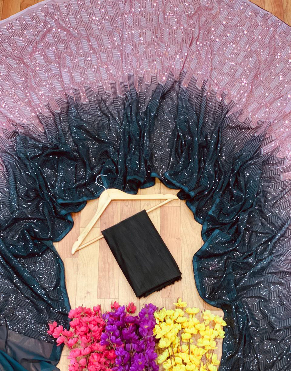 Blush Pink & Black Organza Saree With Sequence Work