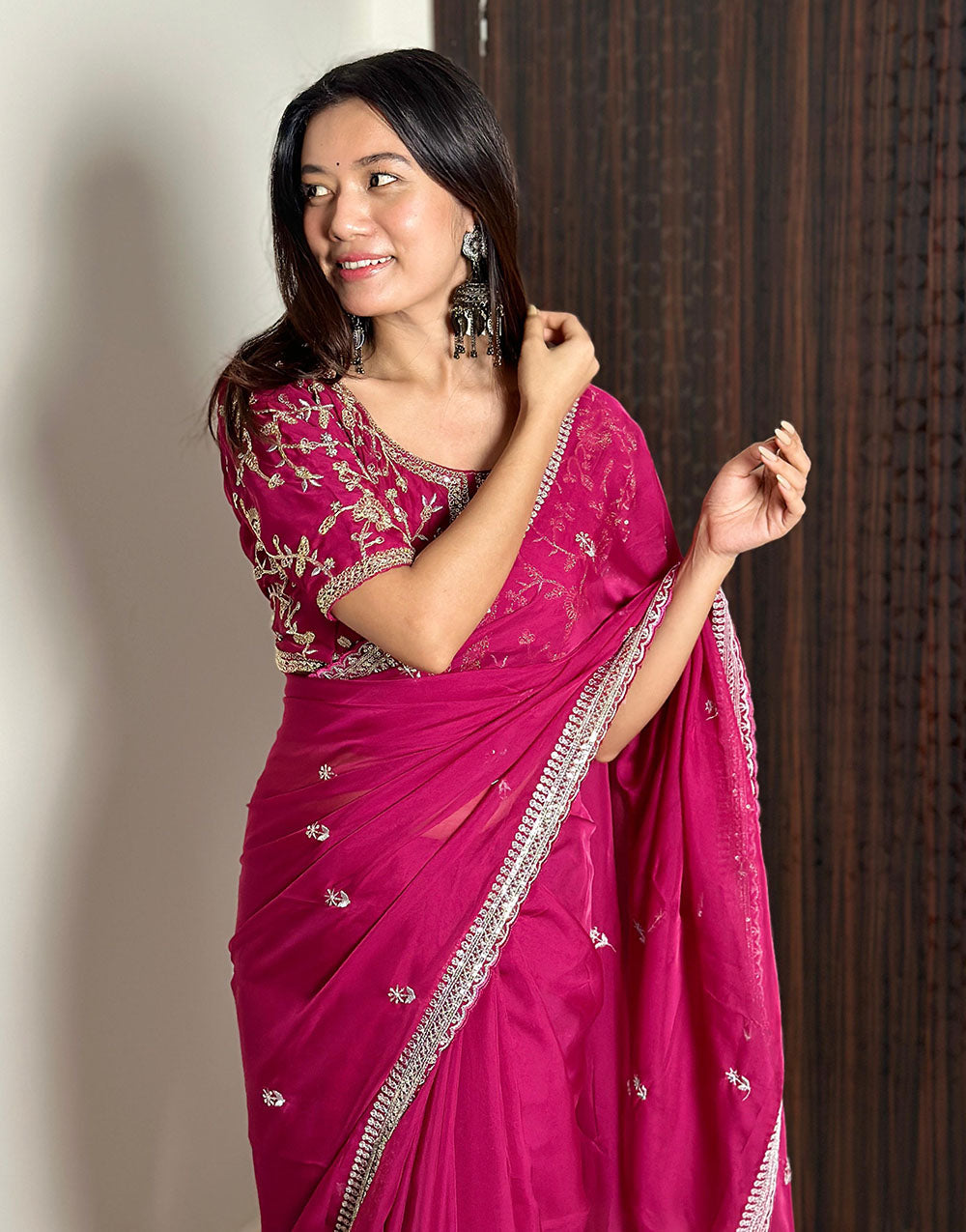 Rani Pink Soft Organza Saree With Embroidery & Sequence Work