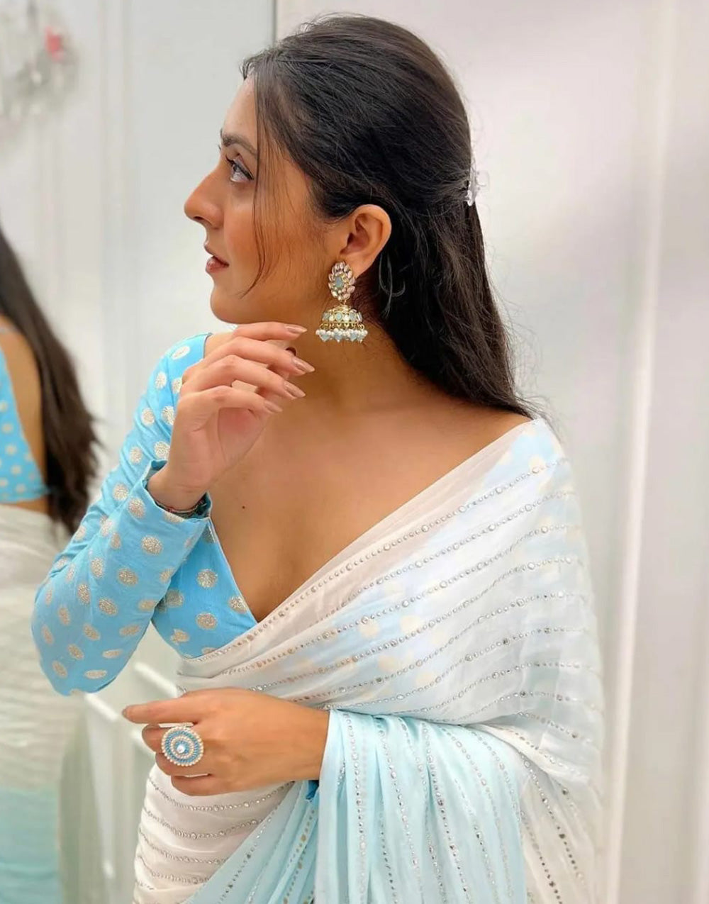 Sky Blue & White Chinnon Saree With Digital Print