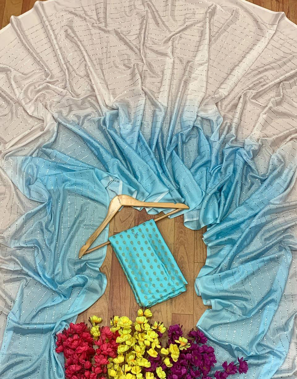 Sky Blue & White Chinnon Saree With Digital Print