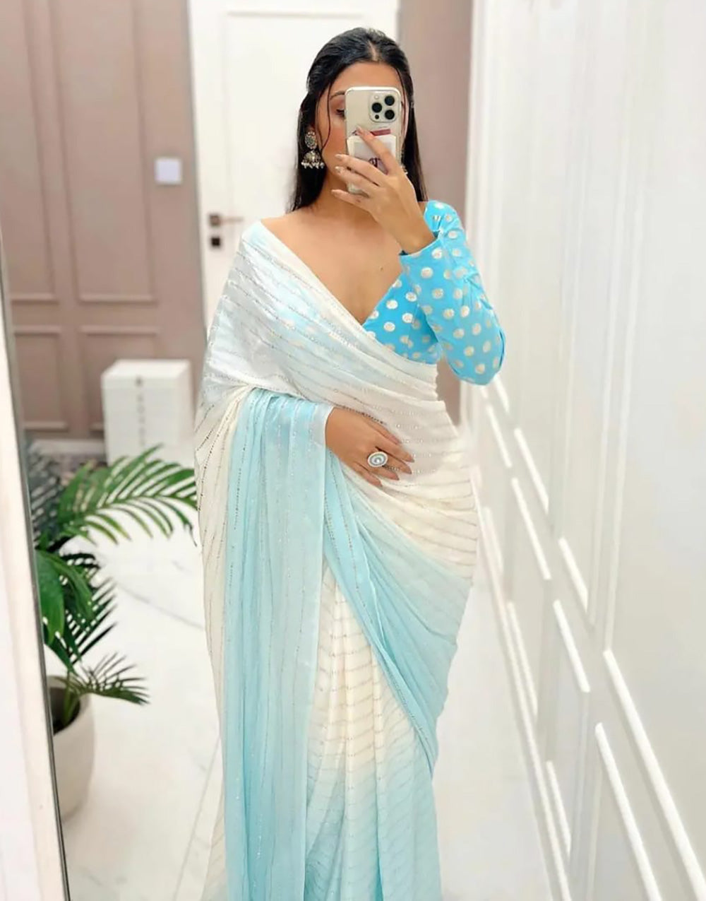 Sky Blue & White Chinnon Saree With Digital Print