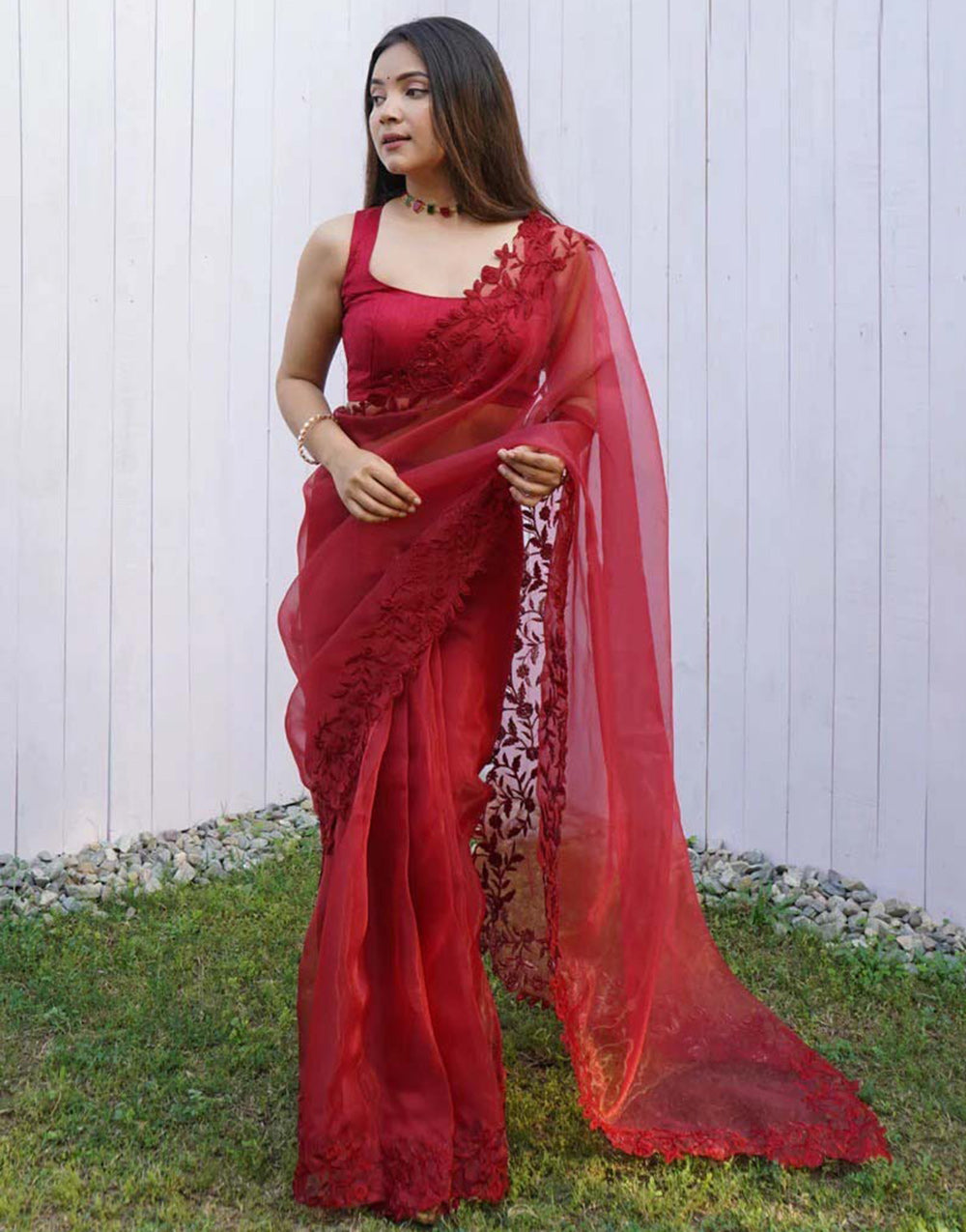 Maroon Organza With Embroidery Thread & Cut Work Saree