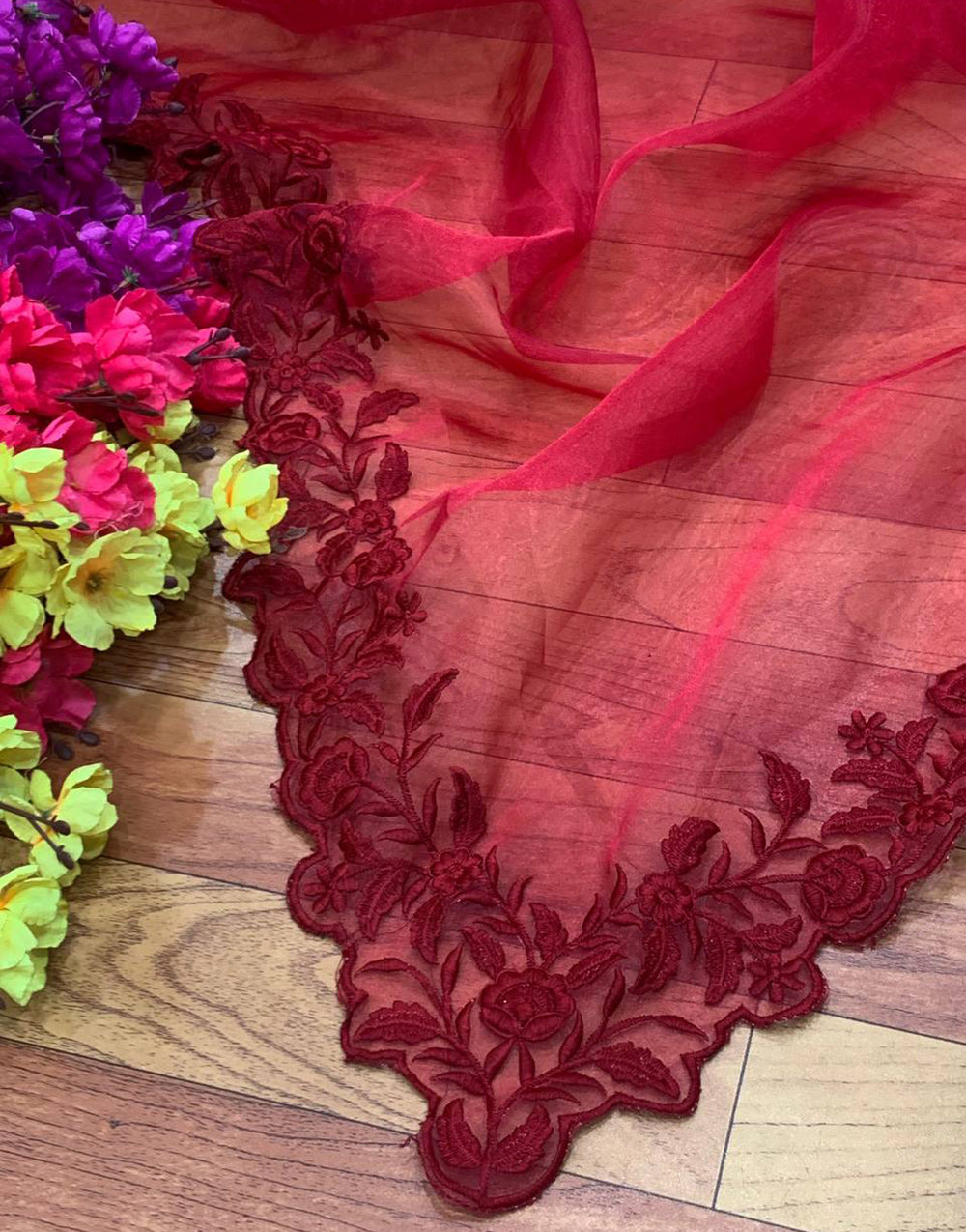 Maroon Organza With Embroidery Thread & Cut Work Saree