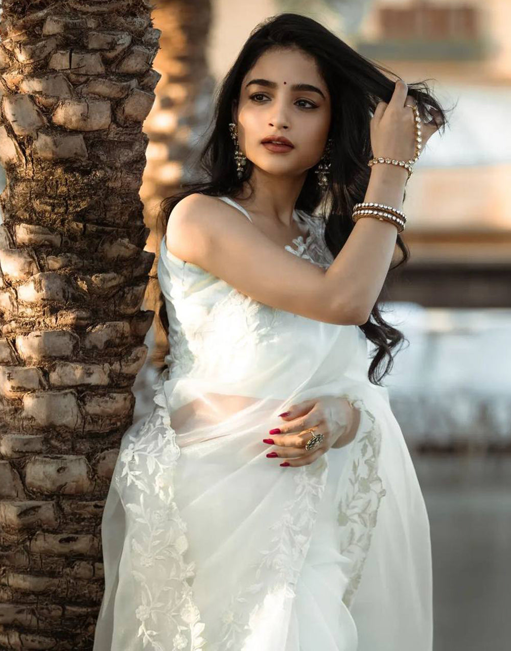 White Organza With Embroidery Thread & Cut Work Saree