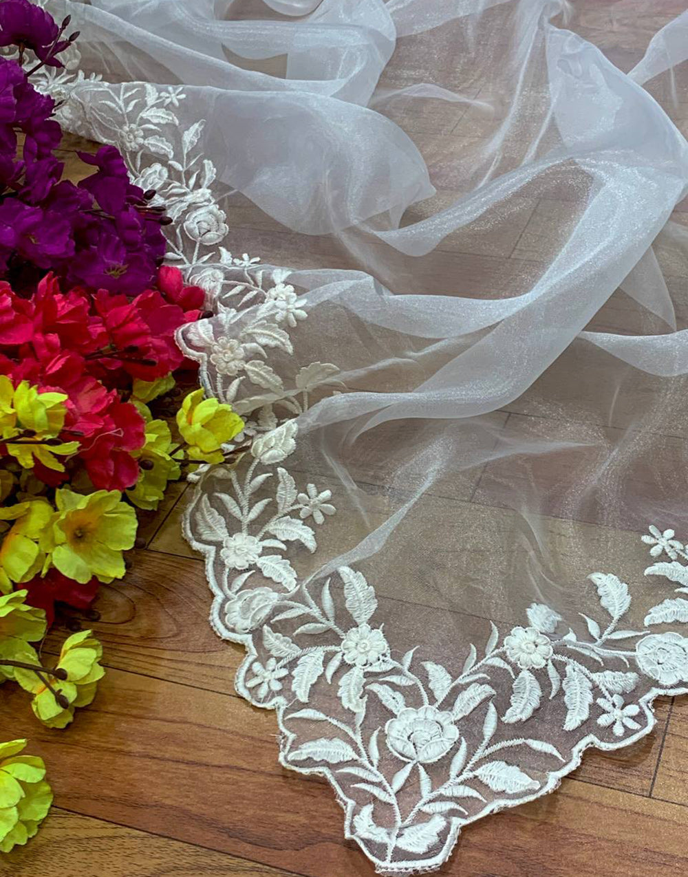 White Organza With Embroidery Thread & Cut Work Saree