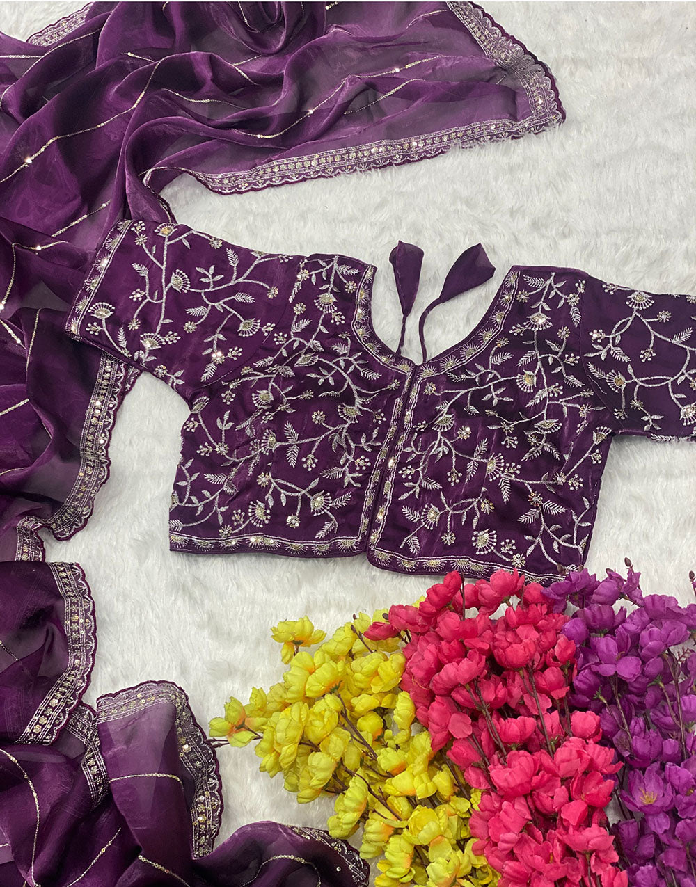 Wine Organza Saree With Embroidery & Sequence Work