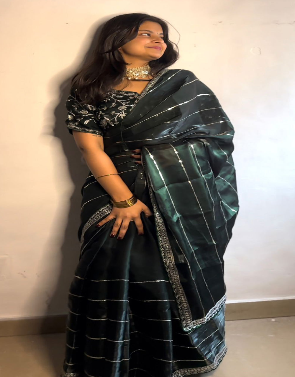 Dark Green Organza Saree With Embroidery & Sequence Work