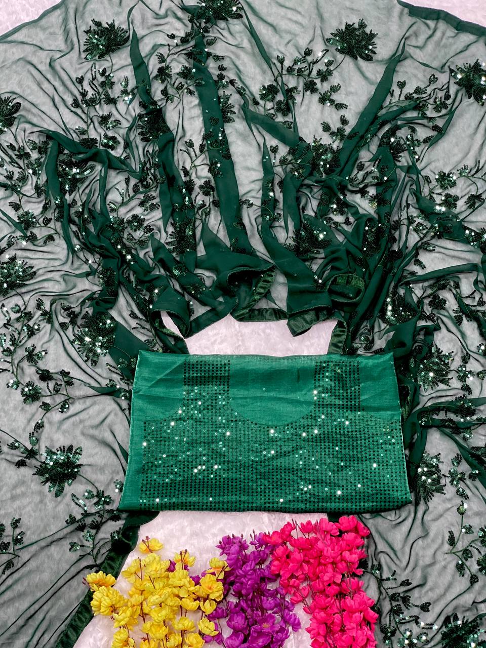 Dark Green Georgette Embroidery & Sequence Saree