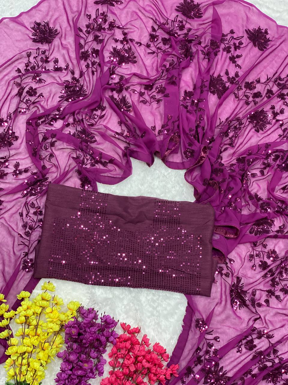 Dark Magenta Georgette Embroidery Saree