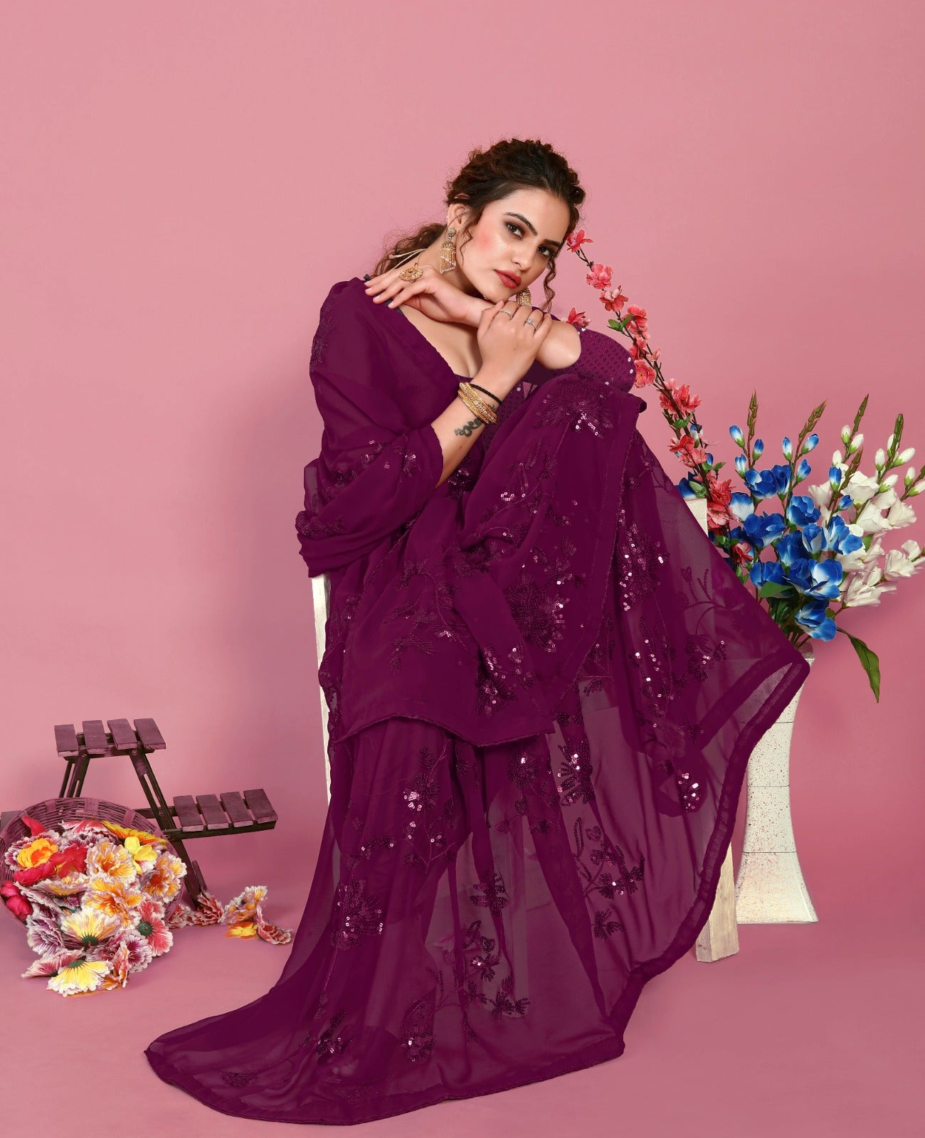 Dark Magenta Georgette Embroidery Saree