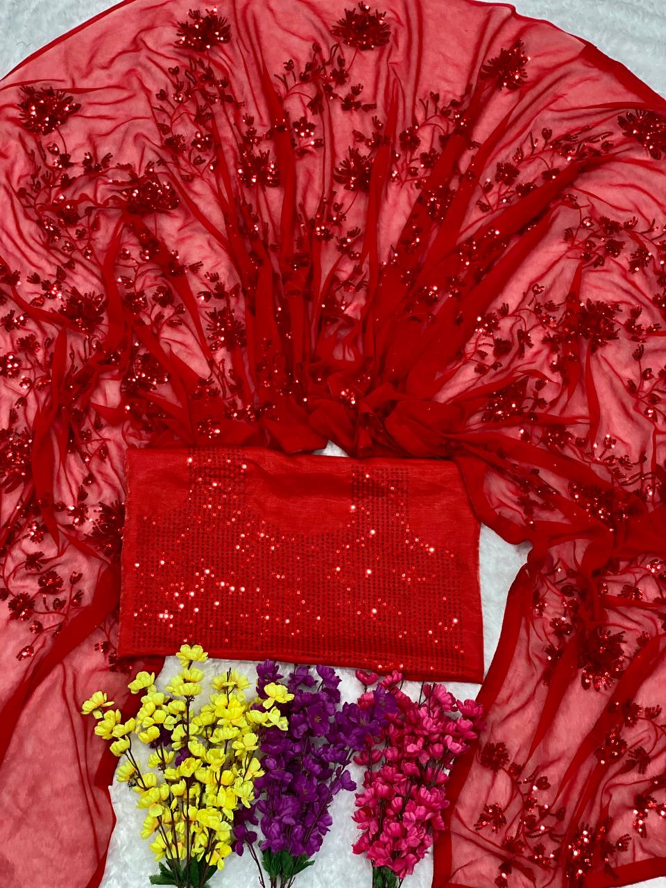 Candy Red Georgette Embroidery Saree