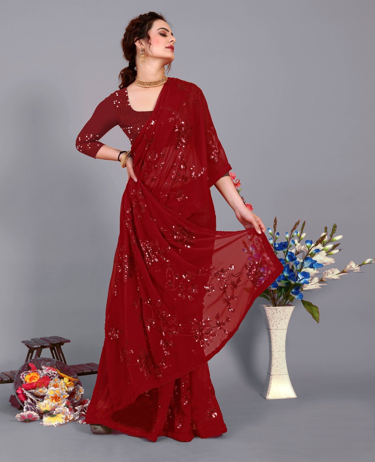 Candy Red Georgette Embroidery Saree
