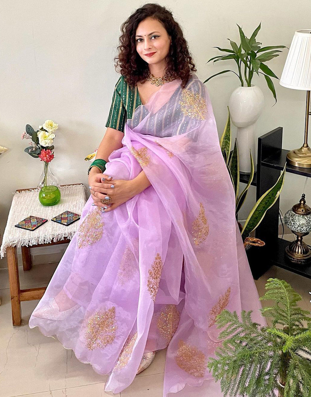 Light Lavender Organza Saree With Sequence & Embroidery Work