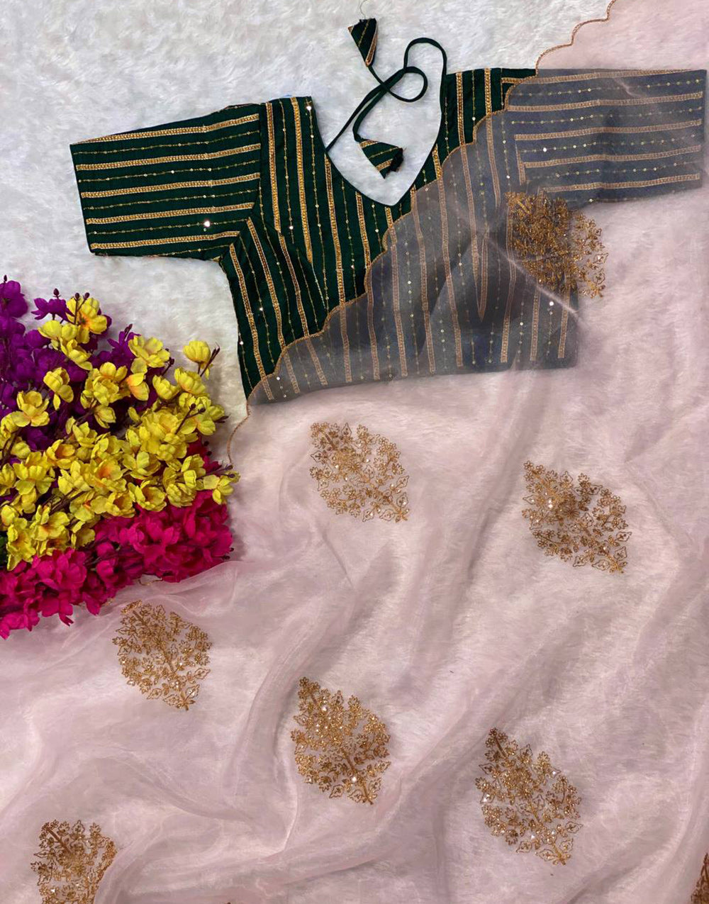Peach Organza Saree With Sequence & Embroidery Work