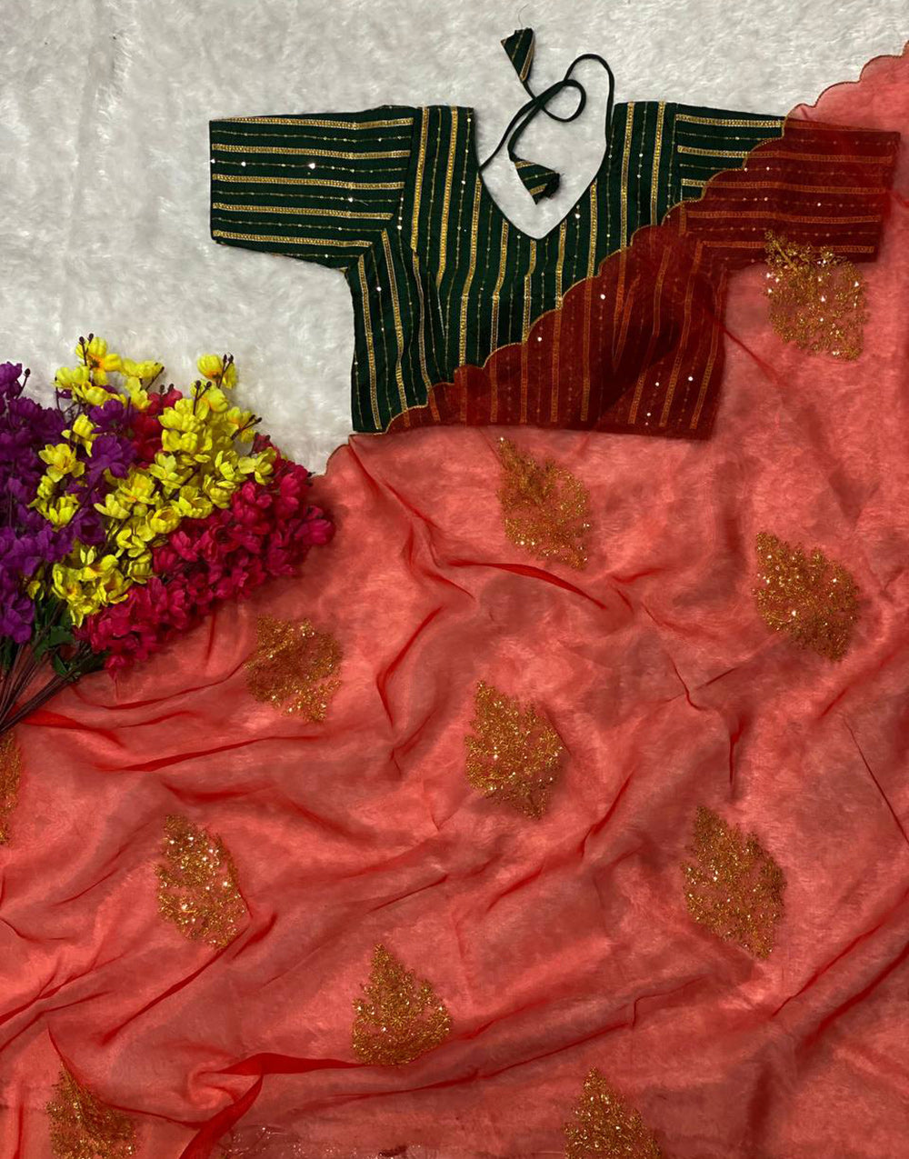 Red Organza Saree With Sequence & Embroidery Work