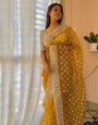 Mustard Yellow Organza Saree With Embroidery Thread With Cut Work