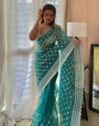 Rama Green Organza Saree With Embroidery Thread With Cut Work