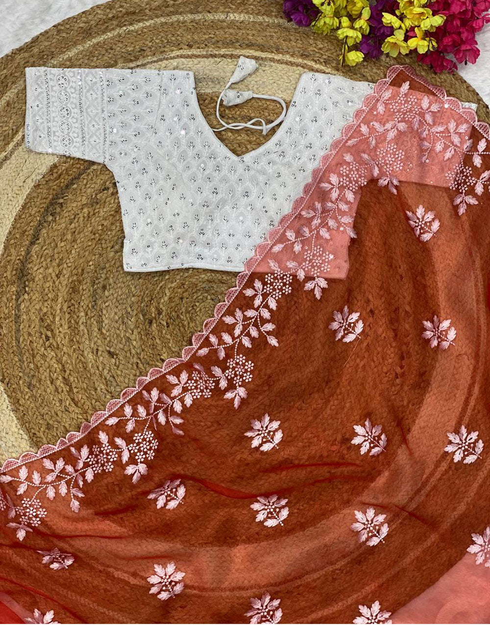 Red Organza Saree With Embroidery Work