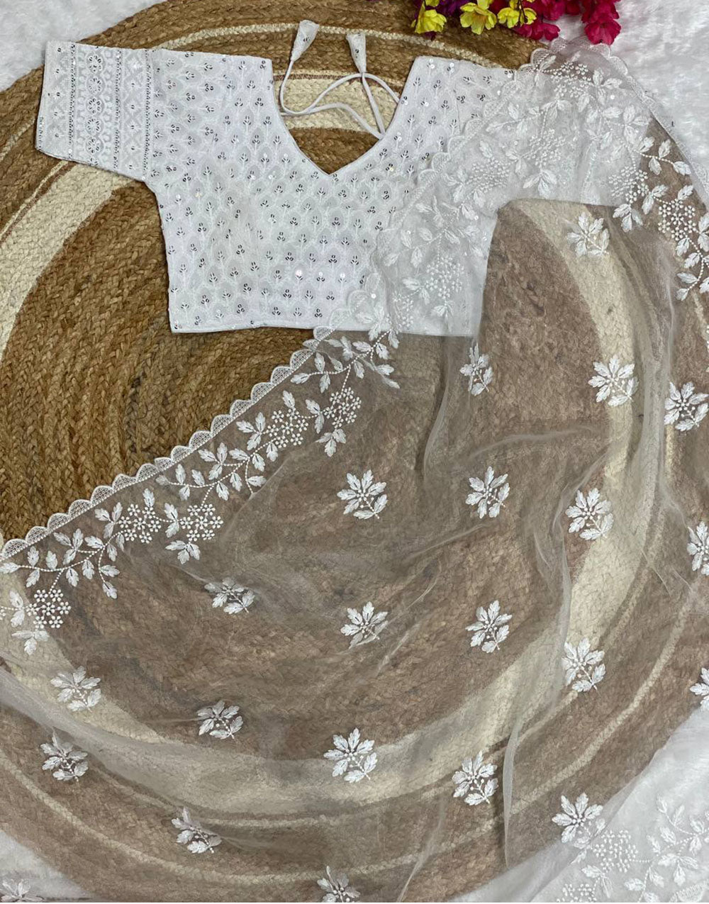 White Organza Saree With Embroidery Work