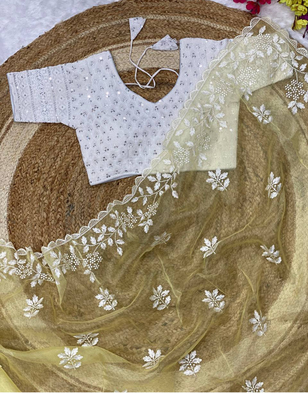 Yellow Organza Saree With Embroidery Work