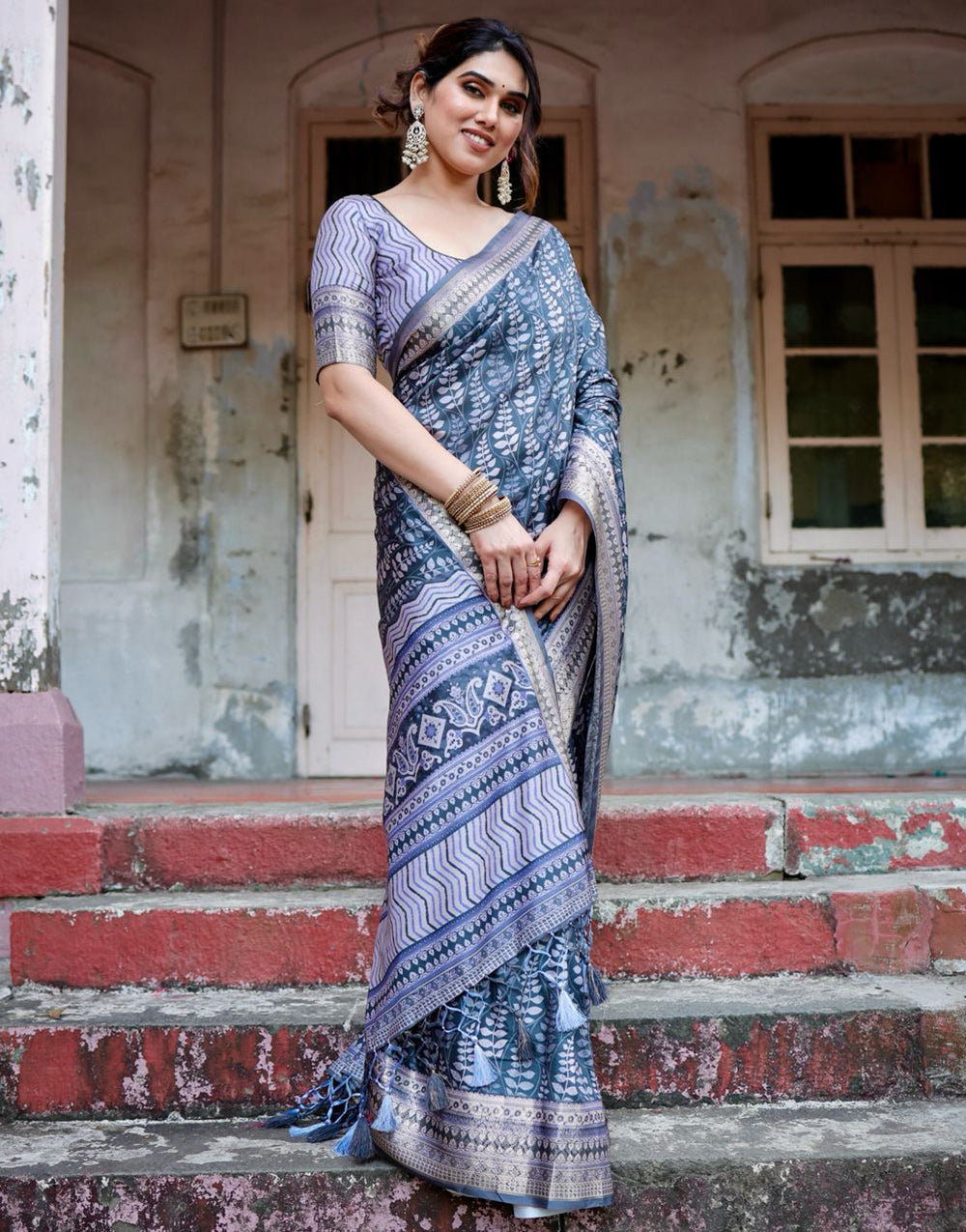 Dark Steel Blue Silk Saree With Digital Printed Work