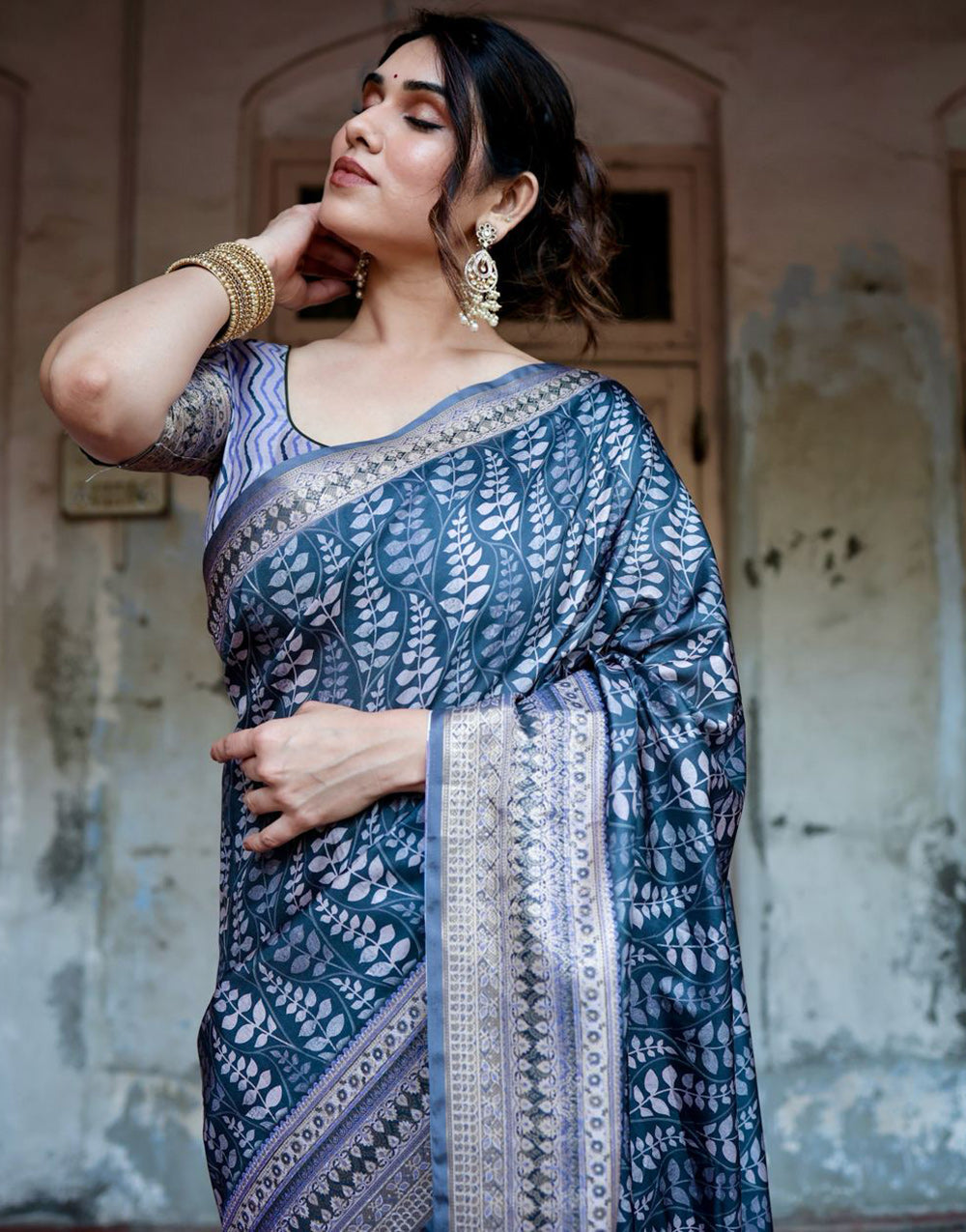 Dark Steel Blue Silk Saree With Digital Printed Work