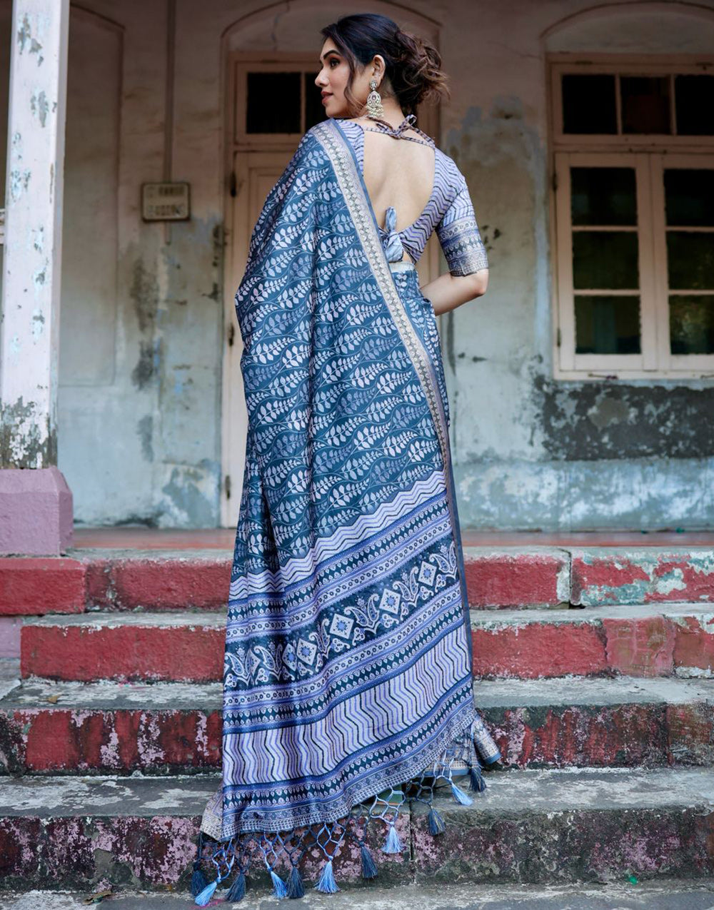 Dark Steel Blue Silk Saree With Digital Printed Work