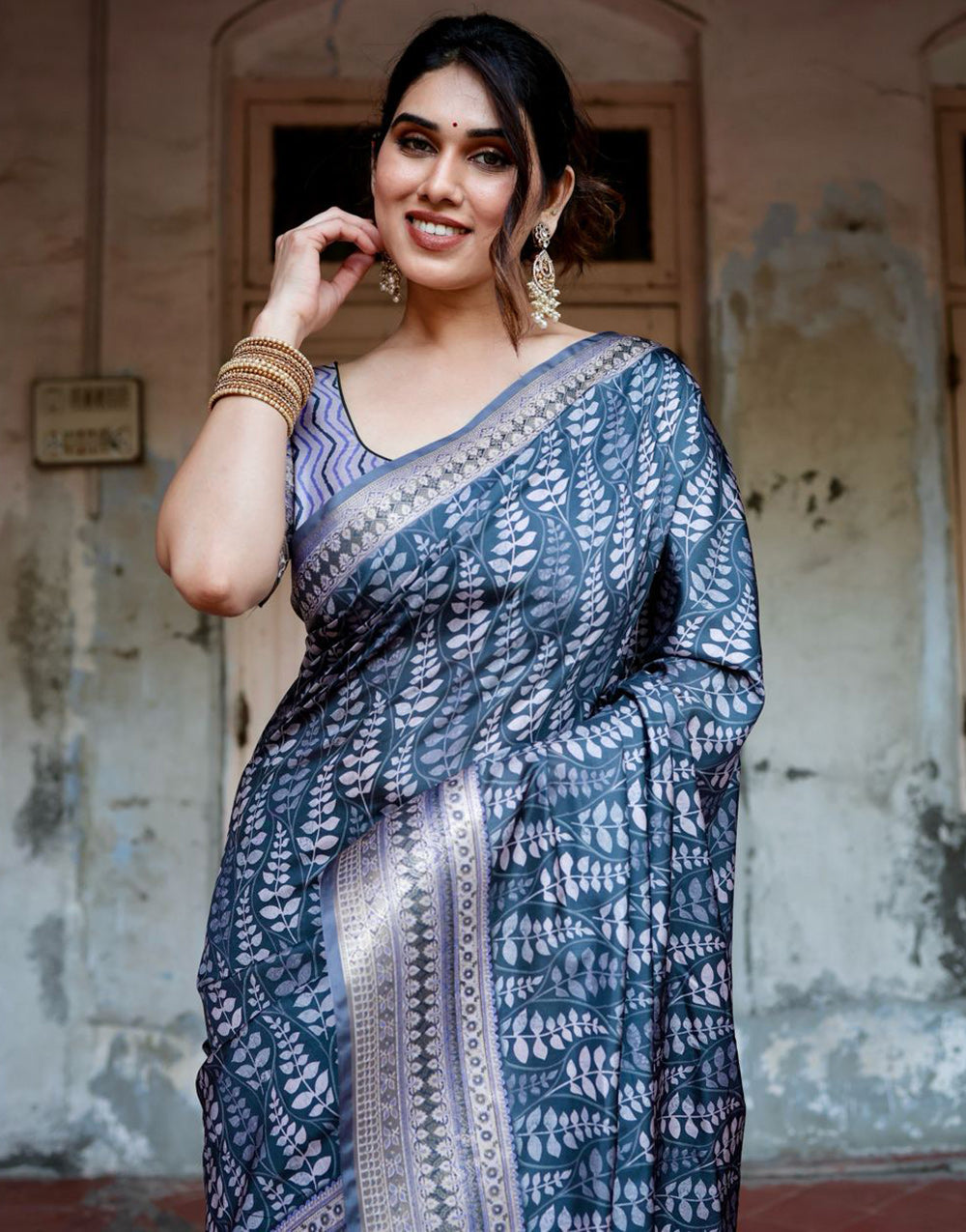 Dark Steel Blue Silk Saree With Digital Printed Work