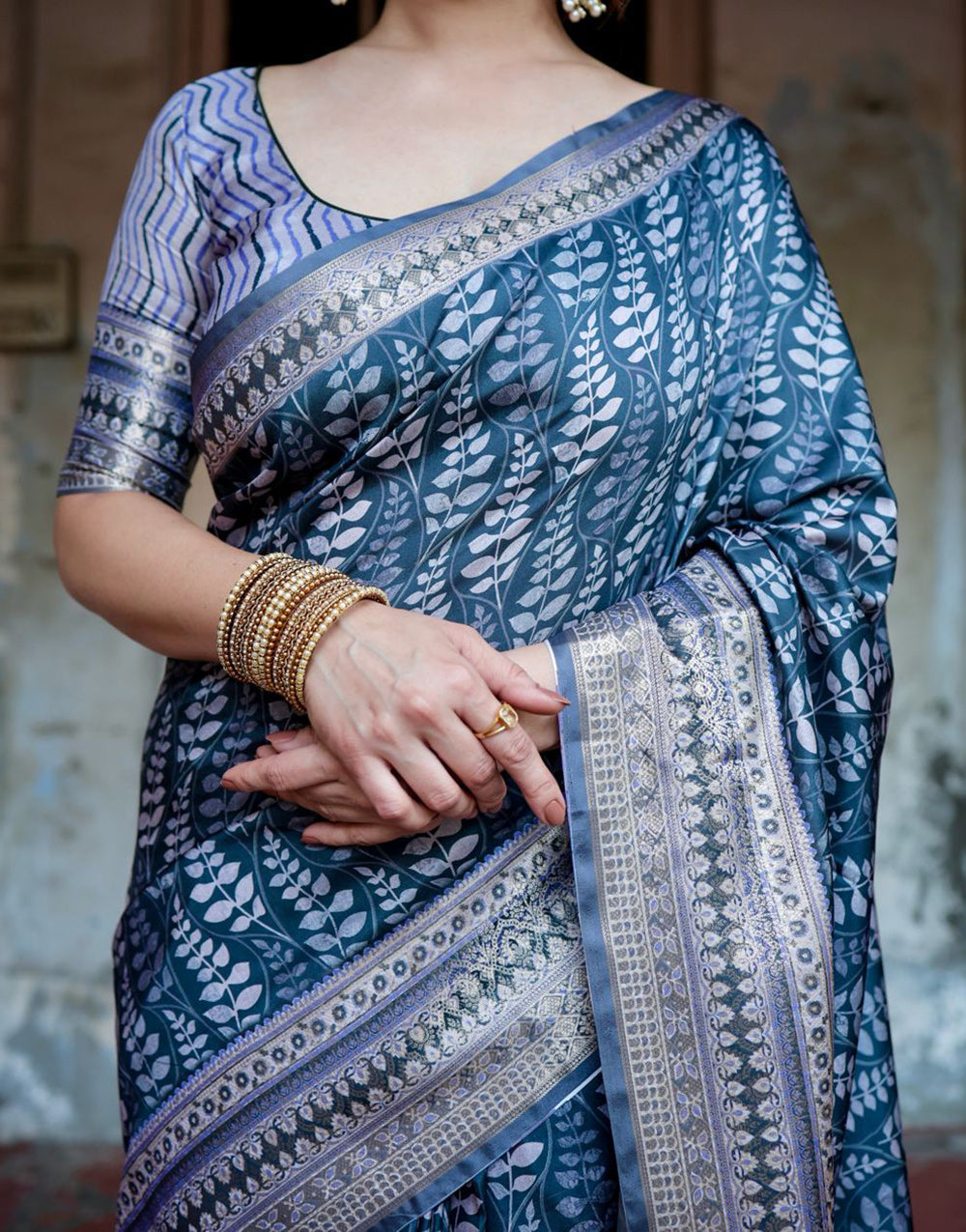 Dark Steel Blue Silk Saree With Digital Printed Work