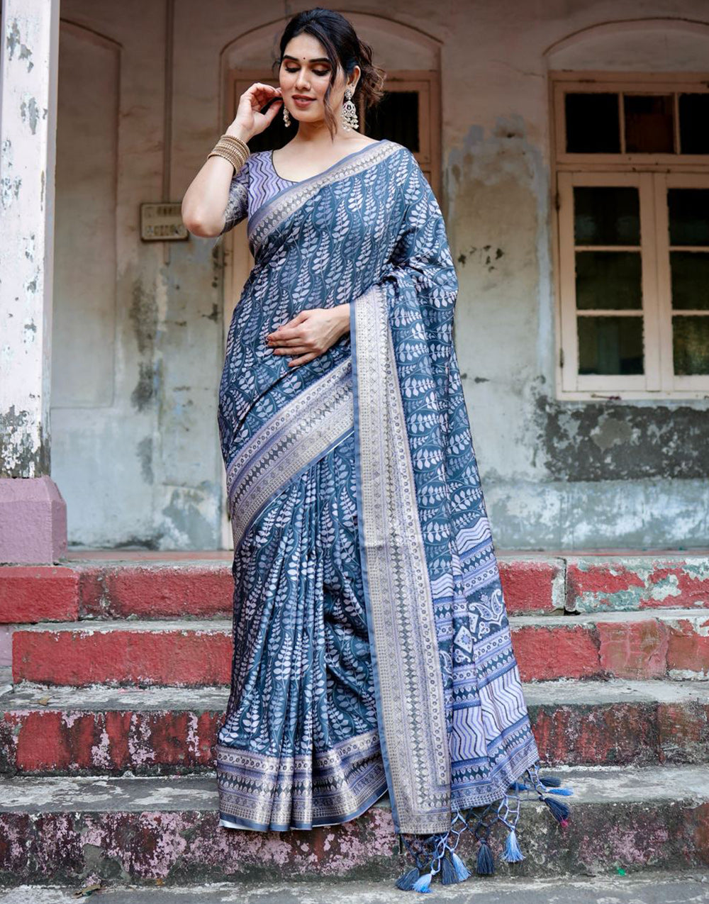Dark Steel Blue Silk Saree With Digital Printed Work