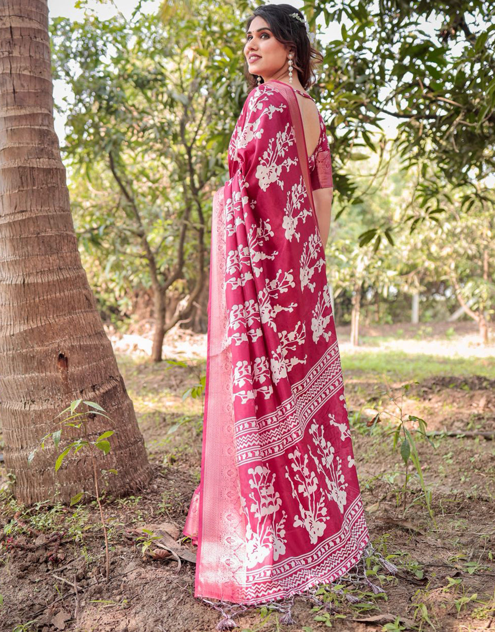 Dark Punch Pink Silk Saree With Digital Printed Work