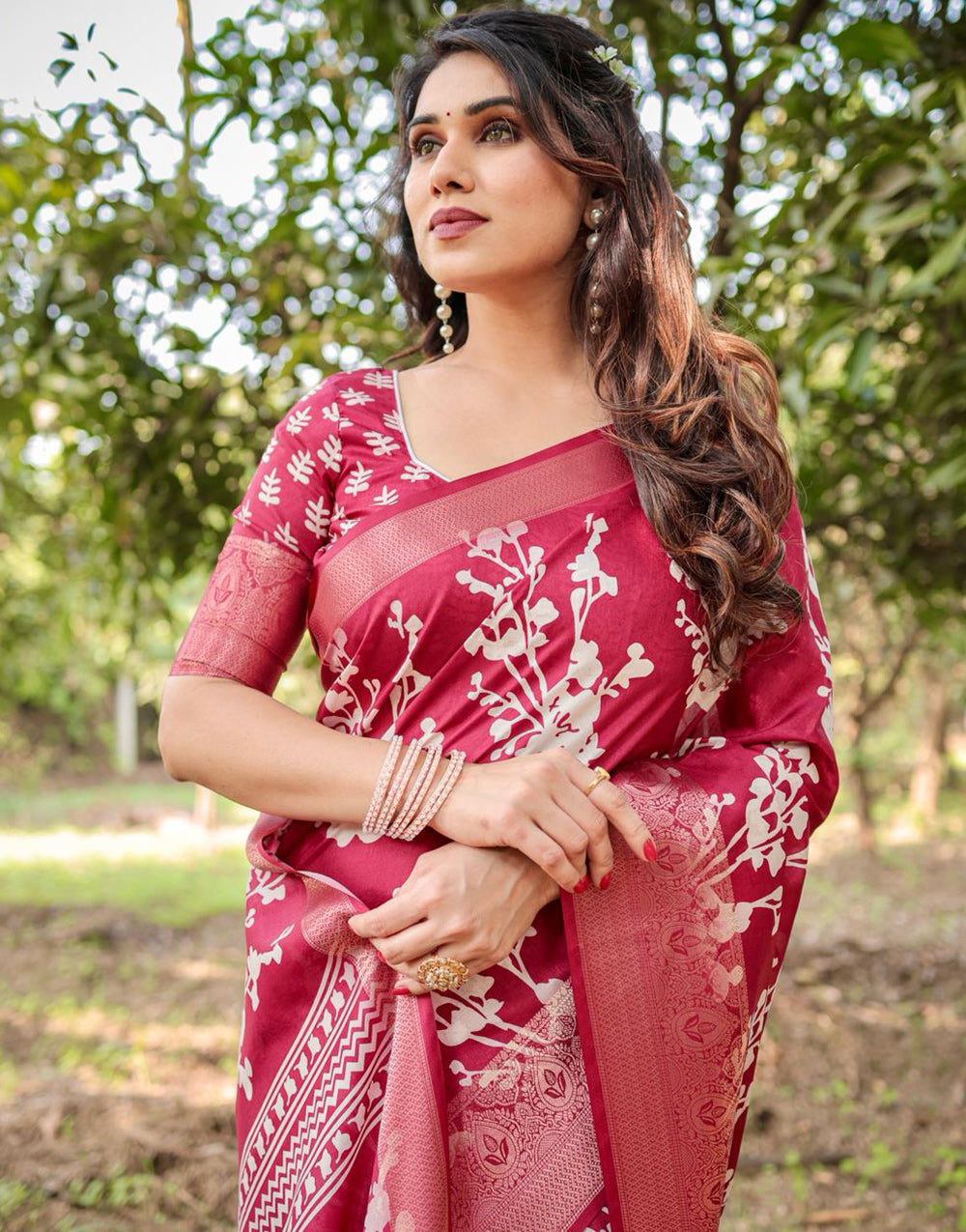 Dark Punch Pink Silk Saree With Digital Printed Work