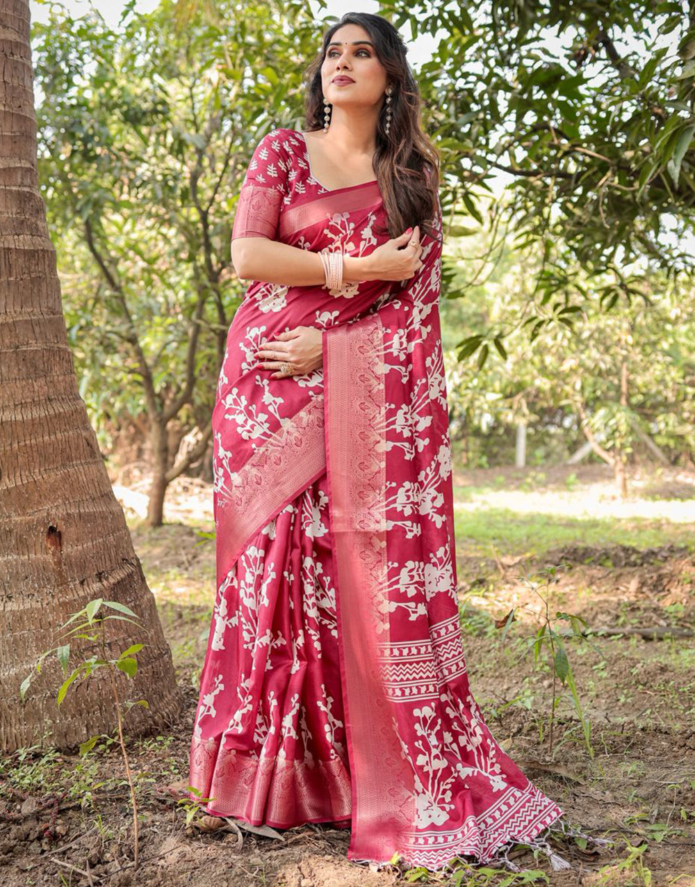 Dark Punch Pink Silk Saree With Digital Printed Work