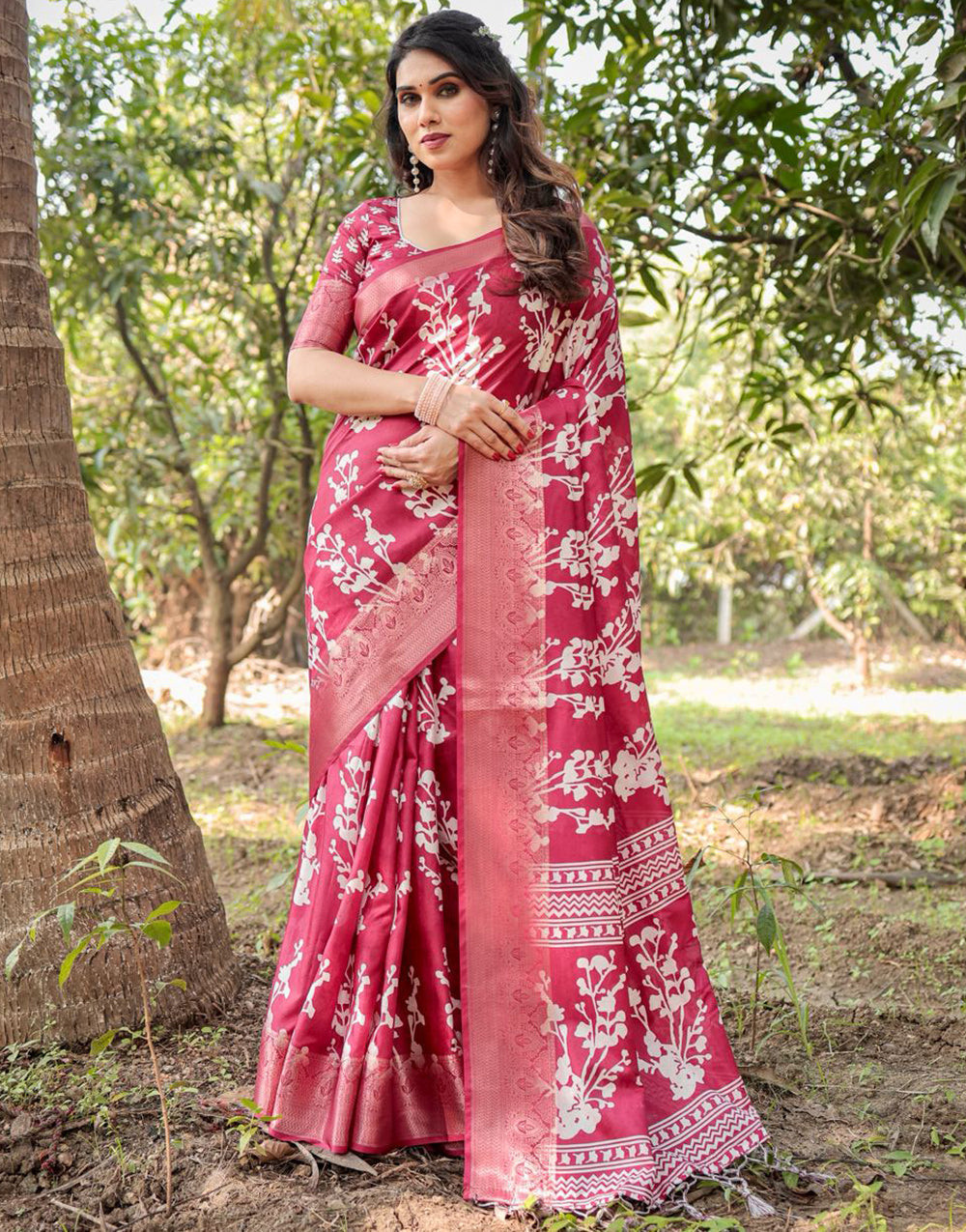 Dark Punch Pink Silk Saree With Digital Printed Work