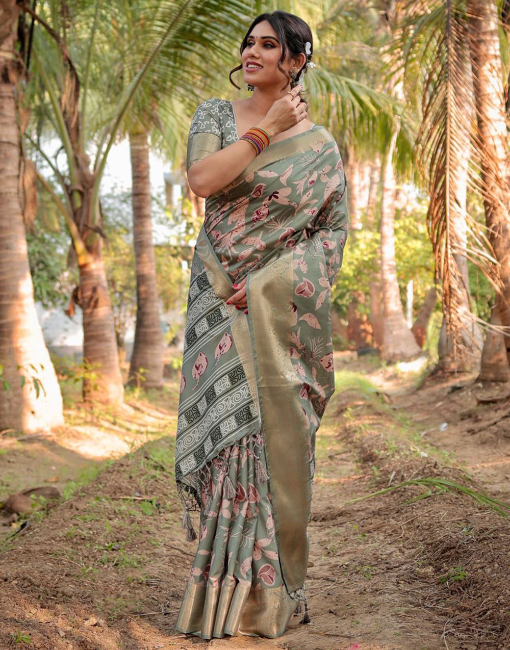 Asparagus Green Pure Silk Saree With Digital Printed Work