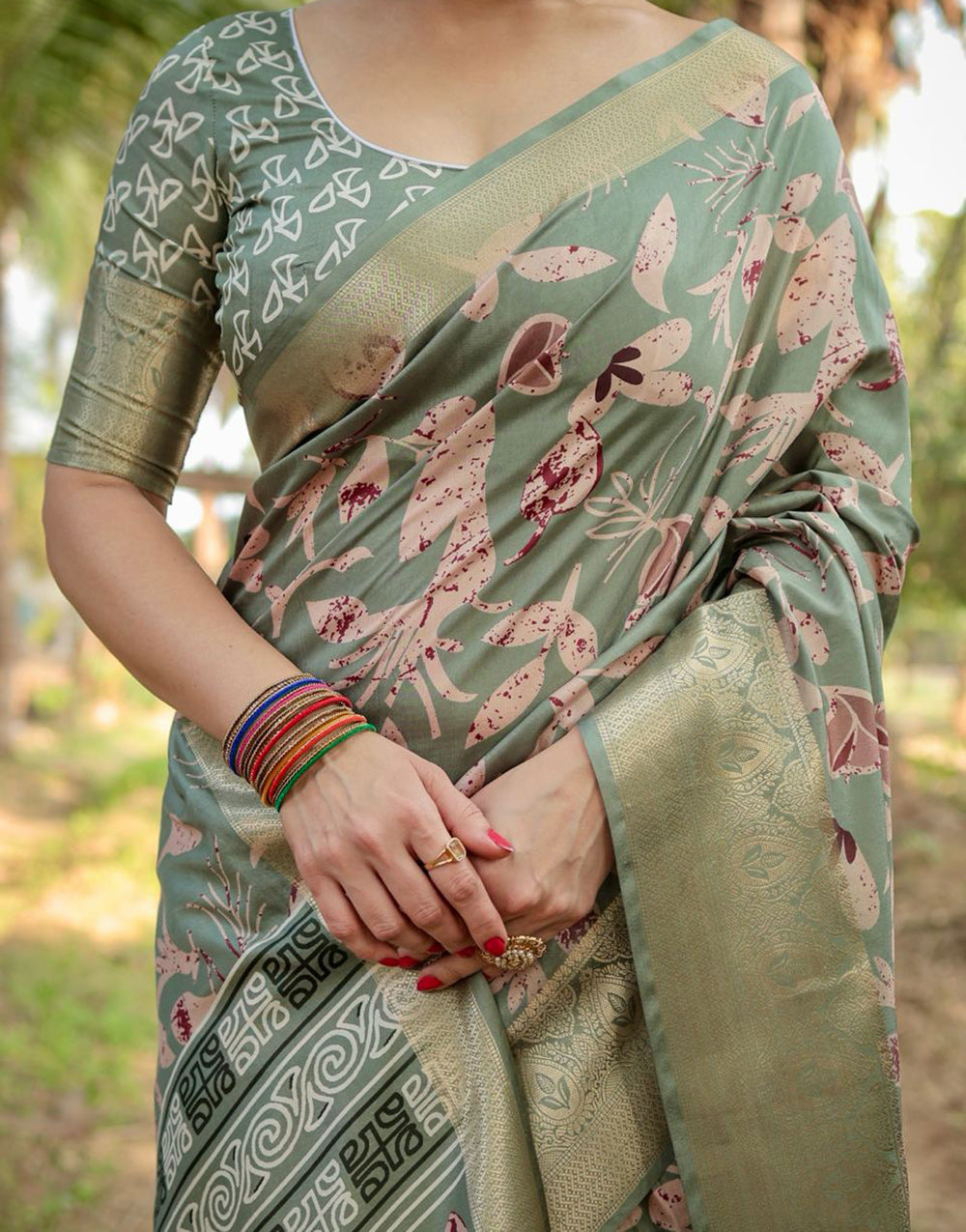 Asparagus Green Pure Silk Saree With Digital Printed Work