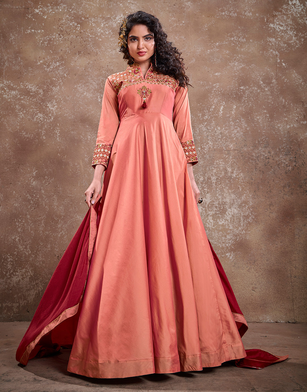 Peach Triva Silk Heavy Embroidery Gown