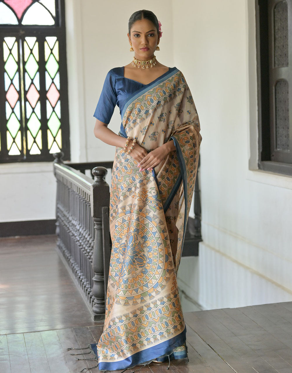 Navy Blue & Cream Tussar Silk Saree With Madhubani Printed Work