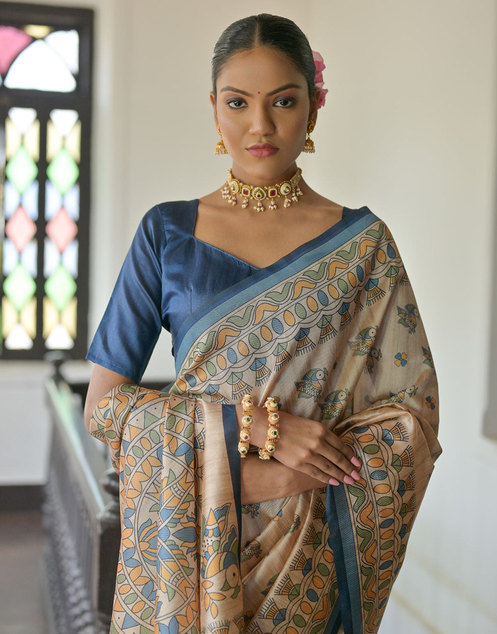 Navy Blue & Cream Tussar Silk Saree With Madhubani Printed Work