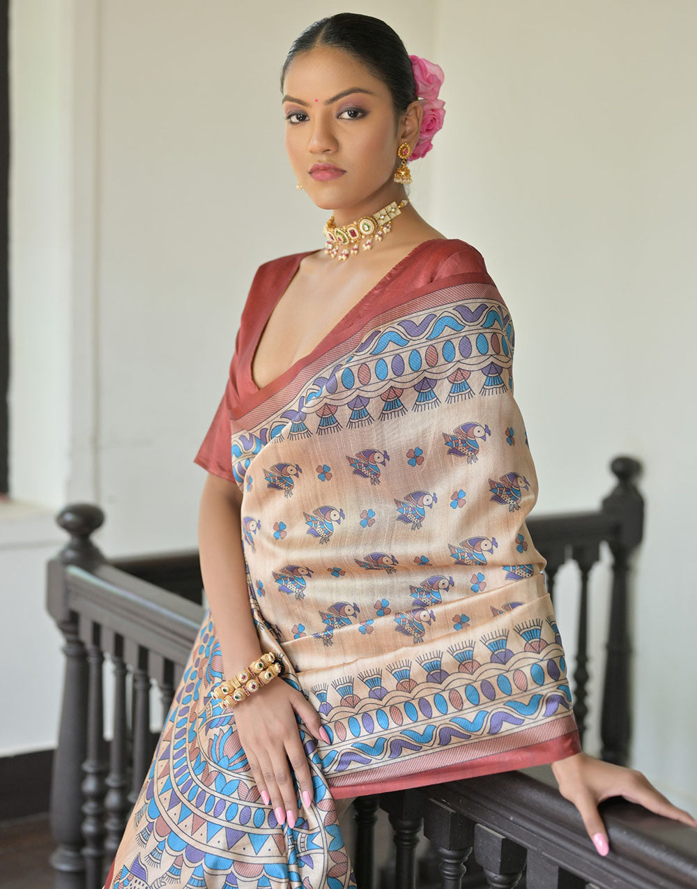 Blush Red & Cream Tussar Silk Saree With Madhubani Printed Work